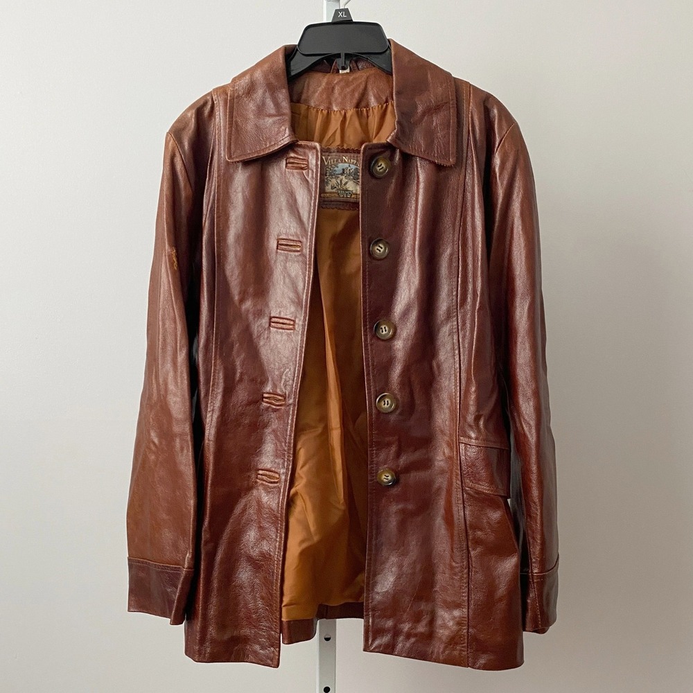 Villa Nappali Leather Distressed Rugged Blazer Jacket 12 Brown Outerwear Coat